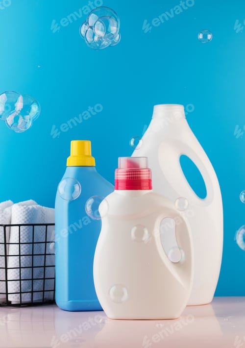 Preview: A set of bottles with gel for washing clothes with flying soap bubbles. The concept of washing