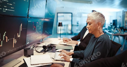 Preview: Computer, screen and woman typing for trading, stock market increase and review financial growth. M