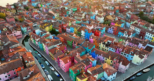Preview: Aerial sunrise view of the colorful houses on Burano Island, Venice, Italy