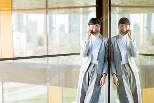 Preview: Smiling Asian businesswoman enjoys a vibrant conversation in a modern urban setting