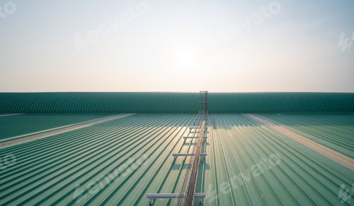 Preview: Metal sheet corrugated roof on rooftop of industry factory. Steel structure of station building