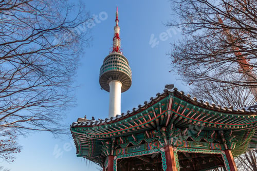 Preview: Seoul Tower with Korea pavilionin winter at Namsan mountain, Seoul, South Korea