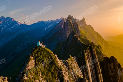Preview: Schaeffler mountain ridge swiss Alpstein, Appenzell Switzerlandsunset at Schaeffler peak mountain