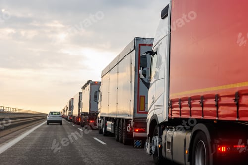 Preview: Queue of Trucks on Ukraine-Poland Border traffic jam at Sunset During Protest Roadblock. Business