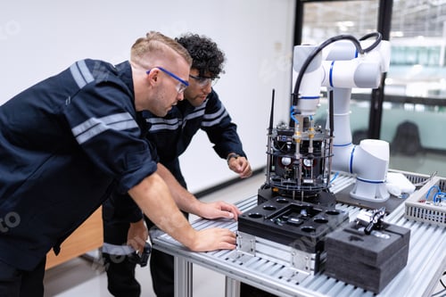 Preview: Engineer sitting in robot fabrication room quality checking robot arm hardware engineering