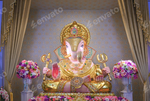 Preview: Beautiful Lord Ganesha Dagadusheth statue enshrined in a Hindu temple