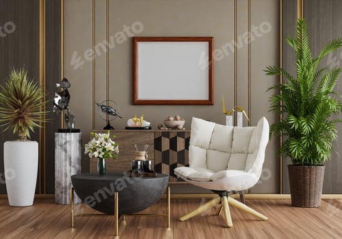 Preview: 3D mockup photo frame with houseplant in living room rendering