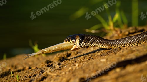 Preview: Grass snake holding a fish in mouth on riverbank in sunset