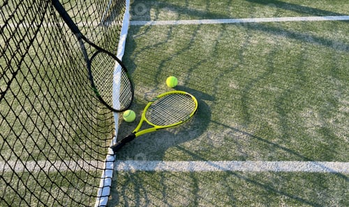 Preview: Tennis racket lying on net with tennis ball in hard surface court