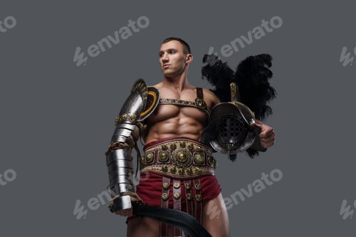 Preview: Handsome gladiator swordsman with helmet isolated on grey background
