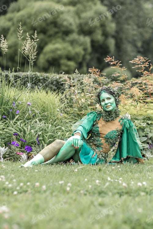 Preview: A mystical green dryad in the forest in the background. A fabulous mythical creature