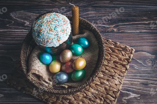 Preview: Still life Easter eggs and Easter cake on the table
