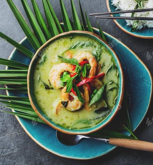 Preview: THAI SHRIMPS GREEN CURRY. Thailand tradition green curry soup with shrimps prawns and coconut milk