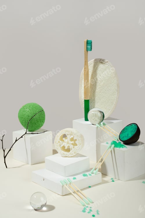 Preview: Modern still life. balancing. Isometric diagonal projection. white shapes, stands and podiums.