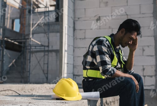 Preview: Portrait stress asian engineer worker wearing safety hard hat helmet at construction site.