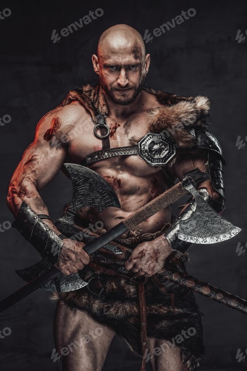 Preview: Wielding two axes dangerous and serious viking with hairless head