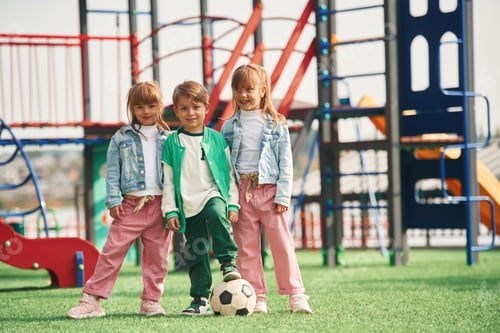 Preview: One boy and two girls. Kids are having fun on the playground