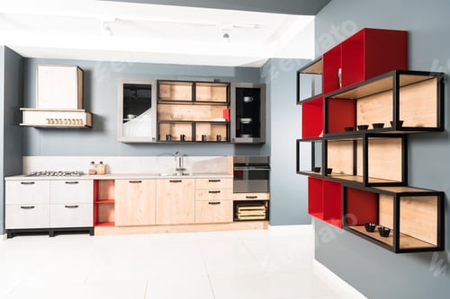 Preview: interior of modern clean light kitchen with furniture and wooden red shelves