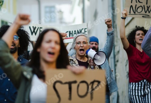 Preview: Group of people activists protesting on streets, strike and demonstration concept