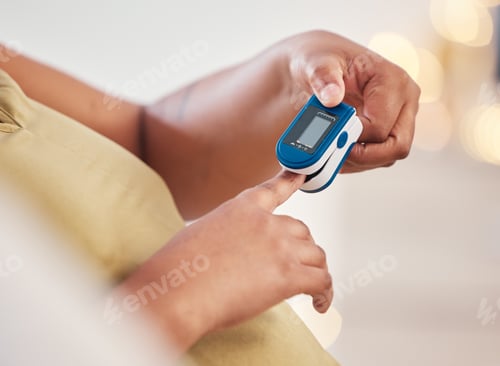 Preview: Blood pressure, finger and pregnant woman in home for health, wellness and self care with medical t