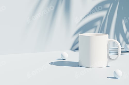 Preview: Mockup with white mug, cup for tea or coffee on blue tropical summer background
