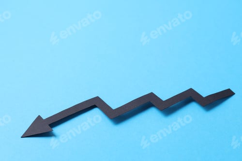 Preview: One black paper arrow on light blue background. Space for text