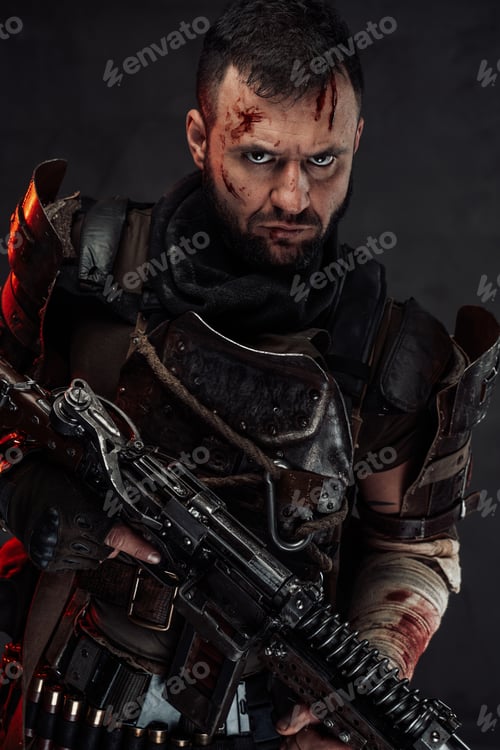 Preview: Holding shotgun stalker with damaged head in dark background