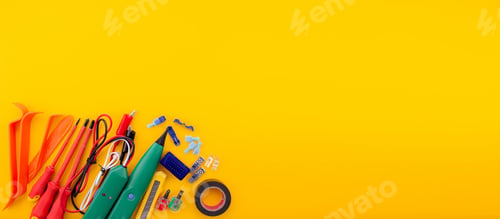 Preview: Arrangement of tools for repairing automotive electrical wiring on a yellow background.