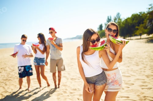 Preview: Group of friends having fun eating watermelon on beach. Excellent sunny weather. Super mood. Summer