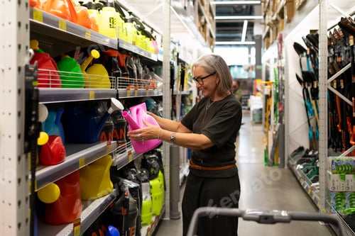 Preview: Middle-aged woman shopping for home and garden supplies in a large retail store during a casual day