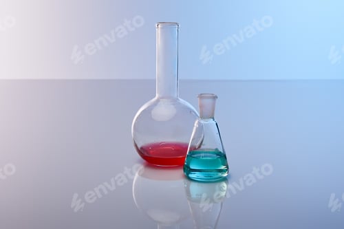 Preview: glass flasks with colorful blue and red liquid