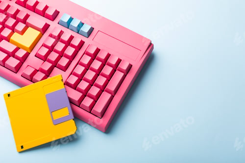 Preview: Floppy disks and keyboard on bright colored backgrounds.