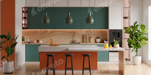 Preview: Minimalist kitchen with a green color scheme accented by orange