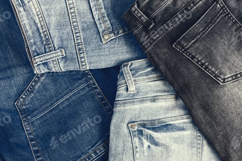 Preview: Variety of comfortable casual trousers, top view, copy space. Image with retro toning.