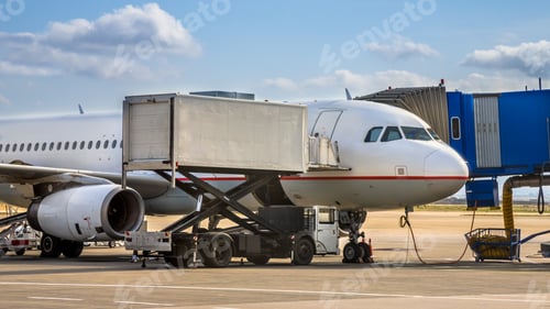 Preview: Passenger jet airplane docked on airport gate