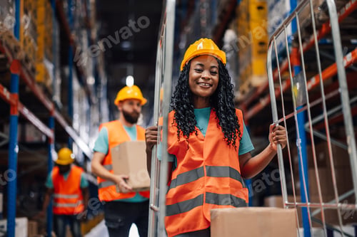 Preview: Warehouse workers pushing carts and carrying boxes