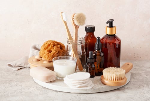 Preview: zero waste eco friendly hygiene bathroom concept. wooden toothbrush soap brush cosmetic