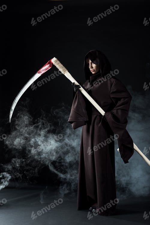Preview: full length view of woman in death costume holding scythe on black with smoke
