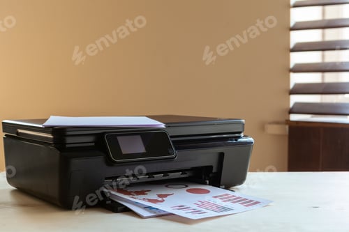 Preview: Front view of a black printer machine on a table