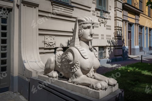 Preview: Sphinx sculpture in front of Art Nouveau architecture building in Riga - Riga, Latvia