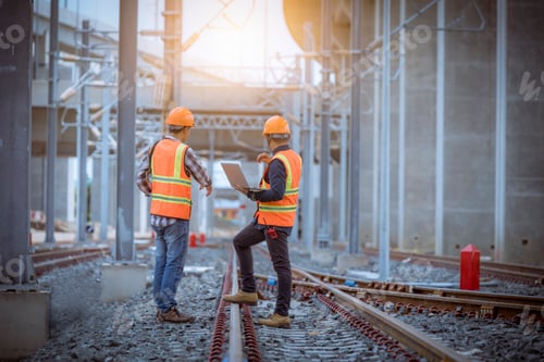 Preview: Engineer under discussion inspection and checking construction process railway switch and checking w