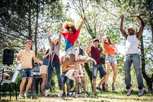 Preview: Friends eating at picnic. Making party and dancing in the nature