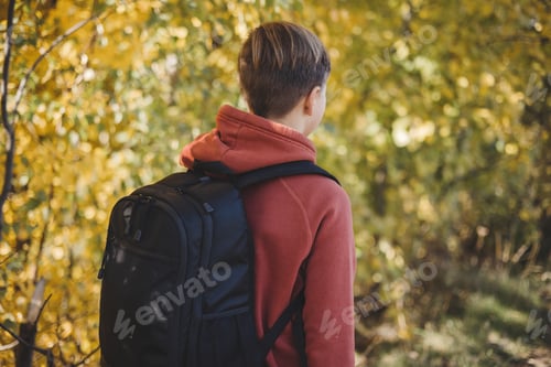 Preview: Teenager boy with backpack walking on path in autumn park. Active lifestyle, Back to school