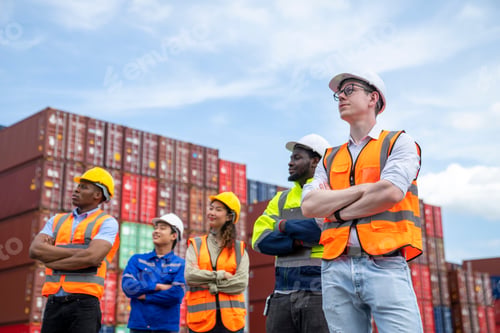 Preview: Group of engineer worker and manager standing in the shipping yard container.