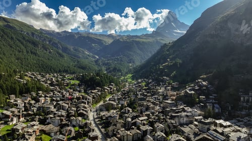 Preview: Aerial view of Zermatt, Switzerland, showcasing the Matterhorn and mountainous landscape