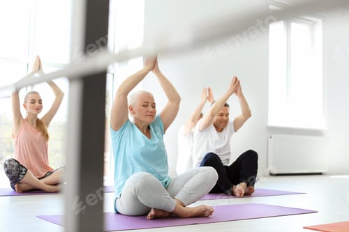 Preview: Group of people in sportswear practicing yoga indoors