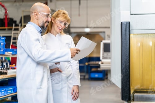 Preview: Two happy technicians wearing lab coats and safety glasses looking at plan in factory