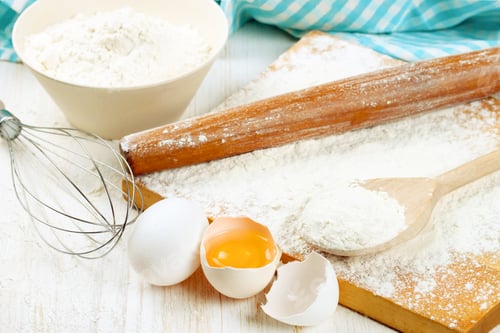 Preview: Baking ingredients on white wooden background. Top view