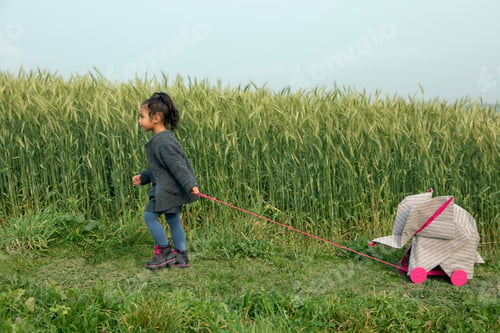 Preview: Little girl pulling origami elephant on rolls at field