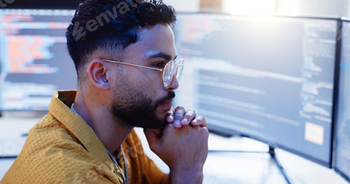 Preview: Serious, man and coding with computer screen for cybersecurity, developer update and app upgrade. T